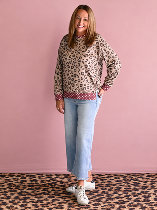 Brown Leopard Polka Dot Trim Sweater