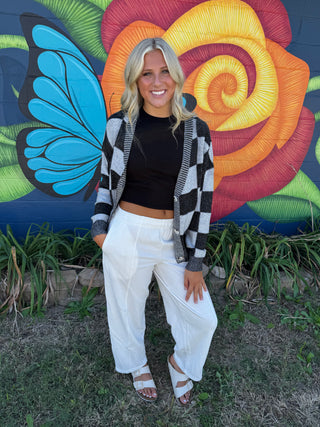 Black Checkered Drop Shoulder Buttoned V Neck Cardigan-Cardigans-option1]-kendra-kays-boutique