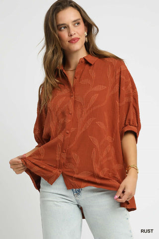 Umgee Jacquard Textured Leaf Button-Down Blouse-Short Sleeves-option1]-small-kendra-kays-boutique