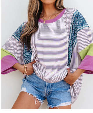 Purple Stripe Floral Color Block Raw Edge Patchwork-Short Sleeves-option1]-small-kendra-kays-boutique