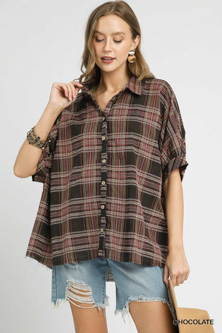 Umgee Plaid Button-Down Shirt with Frayed Hem-Short Sleeves-option1]-small-kendra-kays-boutique