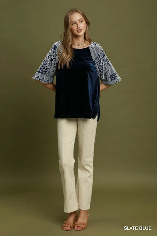 Velvet Top with Burnout Floral Puff Sleeves-Tops-option1]-Small-kendra-kays-boutique