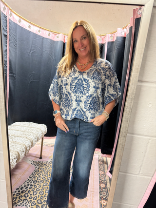 Blue Vintage V Neck Blouse Flower Three Quarter Sleeve-Tops-option1]-kendra-kays-boutique