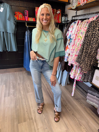 Green Half Sleeve Raw Seam High Low Side Split Top-Short Sleeves-option1]-kendra-kays-boutique