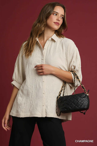 Umgee Jacquard Textured Leaf Button-Down Blouse-Short Sleeves-option1]-small-kendra-kays-boutique