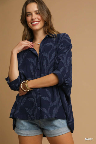 Umgee Jacquard Textured Leaf Button-Down Blouse-Short Sleeves-option1]-kendra-kays-boutique