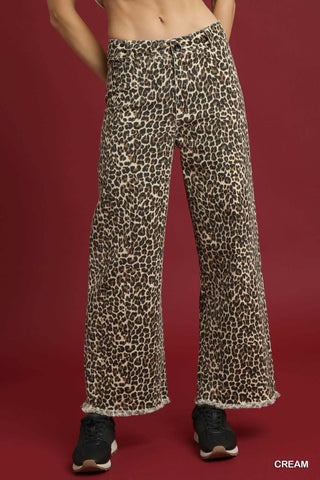 Umgee Leopard Print Wide-Leg Jeans with Raw Hem-Jeans-option1]-kendra-kays-boutique