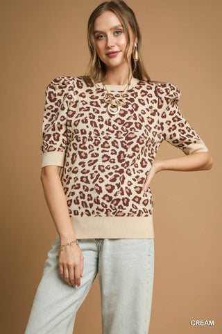 Puff Sleeve Leopard Knit Top-Short Sleeves-option1]-S-kendra-kays-boutique