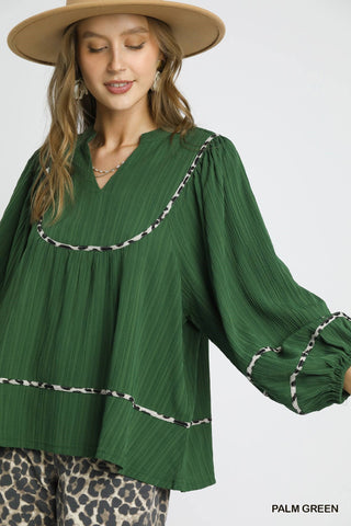 Texture Fabric Blouse with Animal Print-Long Sleeves-option1]-S-kendra-kays-boutique