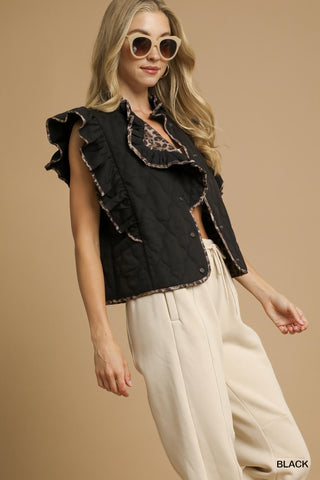 Quilted Ruffle Vest with Leopard Trim-Vests-option1]-Brown-kendra-kays-boutique