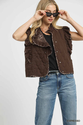 Quilted Ruffle Vest with Leopard Trim-Vests-option1]-Brown-kendra-kays-boutique