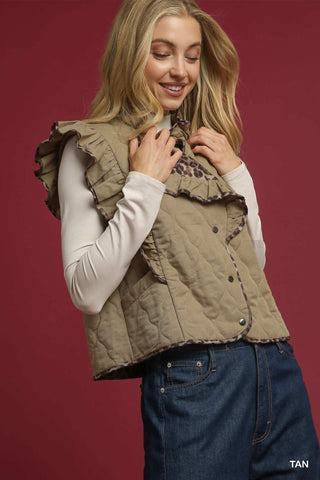 Quilted Ruffle Vest with Leopard Trim-Vests-option1]-kendra-kays-boutique
