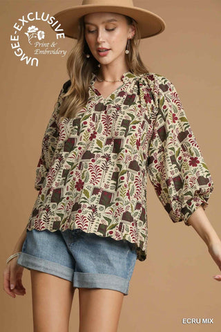 Umgee Floral Print Scallop Print Hem Blouse-Long Sleeves-option1]-small-kendra-kays-boutique