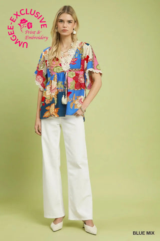 Mix Floral Lace Trim Top-Short Sleeves-option1]-Small-kendra-kays-boutique