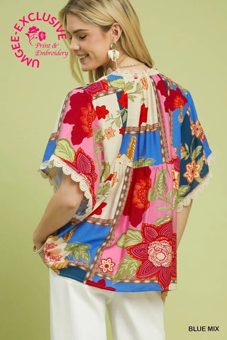 Mix Floral Lace Trim Top-Short Sleeves-option1]-kendra-kays-boutique