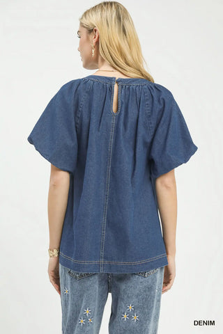 Denim Puff Sleeve Babydoll Top-option1]-kendra-kays-boutique
