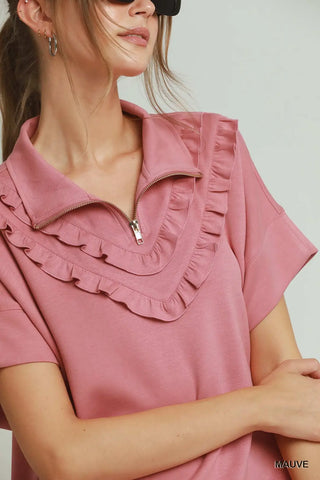 Ruffle Quarter Zip Top-Short Sleeves-option1]-Small-kendra-kays-boutique