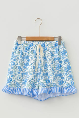 Floral Striped Ruffle Hem Lace Tie Shorts