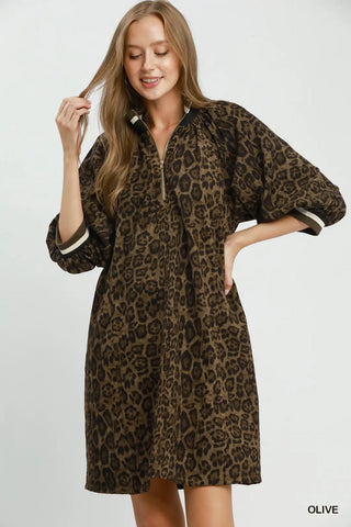Leopard Print Zip Neck Pocket Tunic Dress
