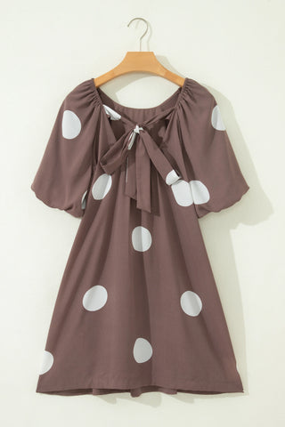 Polka Dot Print Knot Back Short Puff Sleeve Loose Mini Dress-Dresses-option1]-kendra-kays-boutique