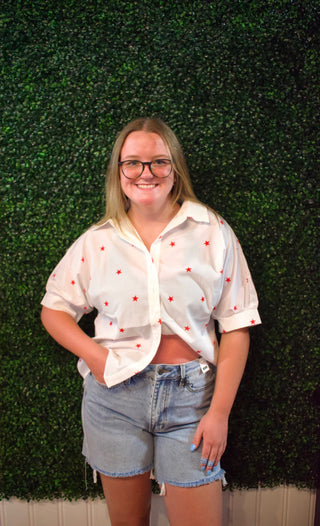 White Little Stars Printed Loose Half Sleeve Loose Shirt-Short Sleeves-option1]-kendra-kays-boutique