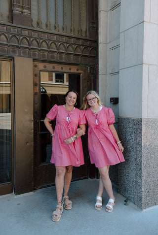 Bright Pink Solid Color Puff Sleeve Tie Front High Waist Mini Dress-Dresses-option1]-kendra-kays-boutique
