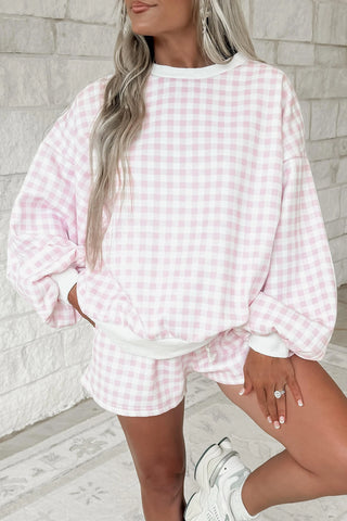 Pink Plaid Baggy Pullover Drawstring Shorts Set