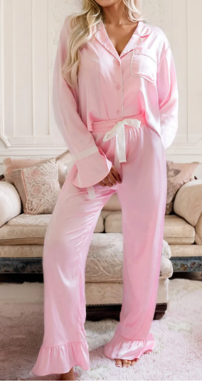 Light Pink Satin Knot Accent Shirt and Ruffled Pants Lounge Set-Pajamas-option1]-small-kendra-kays-boutique