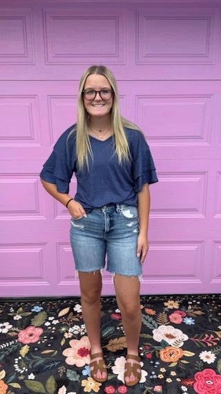 Solid Color V-Neck Double Layer Sleeve Loose T-Shirt-Short Sleeves-option1]-small-kendra-kays-boutique