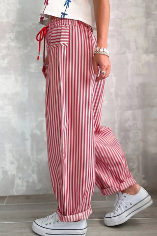 Red Stripe Drawstring Barrel Pants