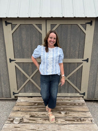 Blue Stripe Floral Lace Splicing Puff Sleeve Blouse-Short Sleeves-option1]-small-kendra-kays-boutique