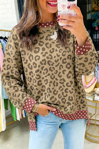 Brown Leopard Polka Dot Trim Sweater