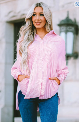 Pink Smocked Cuffed Striped Boyfriend Shirt with Pocket-Tops-option1]-small-kendra-kays-boutique