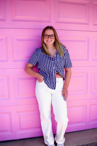 Gingham Button Down Shirt with Pocket-Short Sleeves-option1]-kendra-kays-boutique