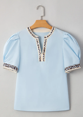 Blue Contrast Leopard Trim Split Neck Puff Sleeve Blouse-Short Sleeves-option1]-small-kendra-kays-boutique