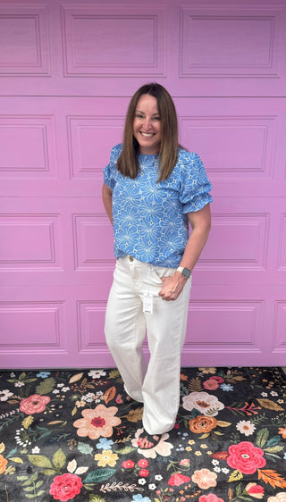 Sky Blue Eyelet Flower Embroidery Frilled Short Puff Sleeve Blouse-Short Sleeves-option1]-small-kendra-kays-boutique