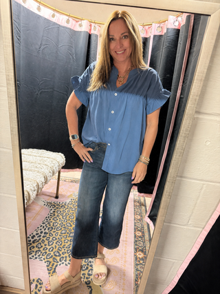 Blue Ruffle Ruched Short Sleeve Buttoned Shirt-Short Sleeves-option1]-kendra-kays-boutique