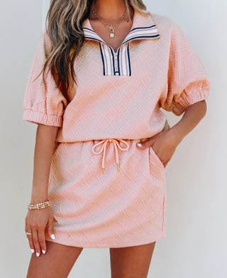 Light Pink Striped Collared Zip up Textured Skirt Set-Sets-option1]-small-kendra-kays-boutique