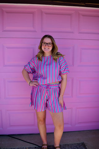 Pink Stripe Dolman Short Sleeve Blouse Drawstring Elastic Waist Loose Short Set-Sets-option1]-kendra-kays-boutique