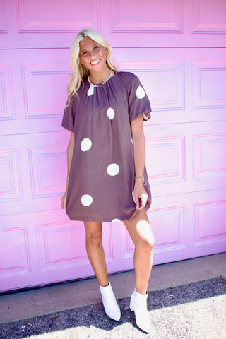 Polka Dot Print Knot Back Short Puff Sleeve Loose Mini Dress
