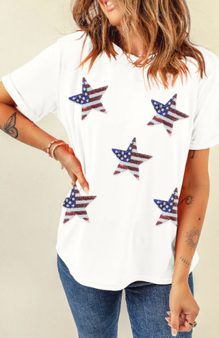 White Sequined American Flag Star Graphic T Shirt-Graphic Tees-option1]-kendra-kays-boutique