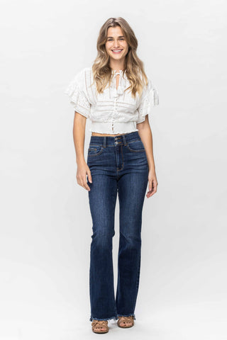 HIGH WAISTED VINTAGE FRAYED HEM BOOTCUT-Denim-option1]-kendra-kays-boutique