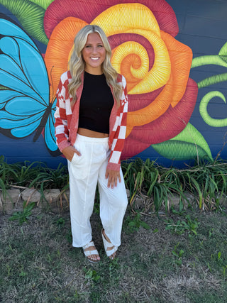 Orange Mix Checkered Open Front Knit Cardigan-Cardigans-option1]-kendra-kays-boutique