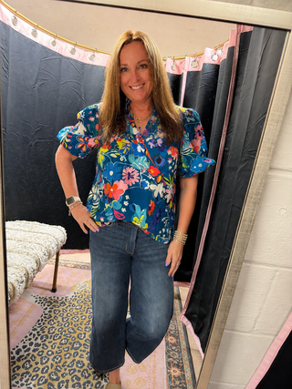 Blue Flower Print Notch V Neck Puff Sleeve Babydoll Blouse-Short Sleeves-option1]-kendra-kays-boutique