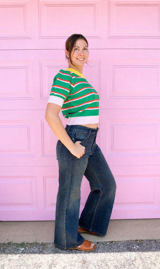 Green Stripe Half Sleeve Sweater Top-Sweaters-option1]-kendra-kays-boutique