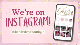 Promotional graphic for Kendra Kays Boutique on Instagram with a smartphone displaying the brand's profile.