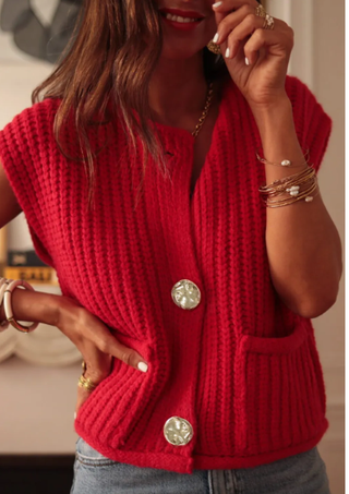 Fiery Red Solid Textured Knit Side Pockets Buttoned Sweater Vest-Vests-option1]-kendra-kays-boutique