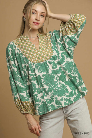 Umgee Abstract Print Long Sleeve Top with Rounded Yoke-Long Sleeves-option1]-small-kendra-kays-boutique