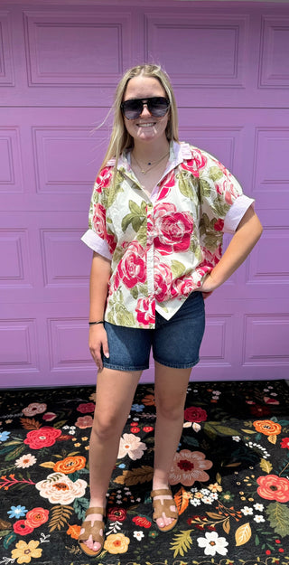 Umgee Floral Button-Up Shirt-Short Sleeves-option1]-small-kendra-kays-boutique