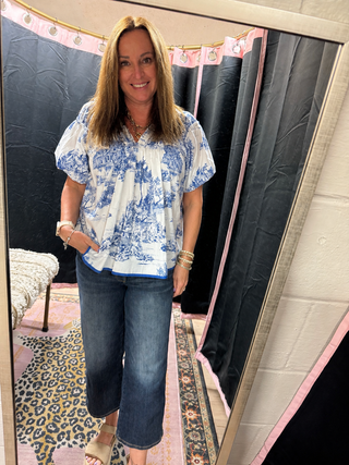 Toile Print Puff Sleeve Blouse-Short Sleeves-option1]-kendra-kays-boutique
